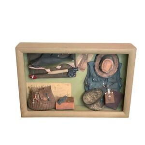 Vtg Fishing Shadow Box 3D Wall Art Bass Fly Rod Creel Rustic Lodge Decor Heavy